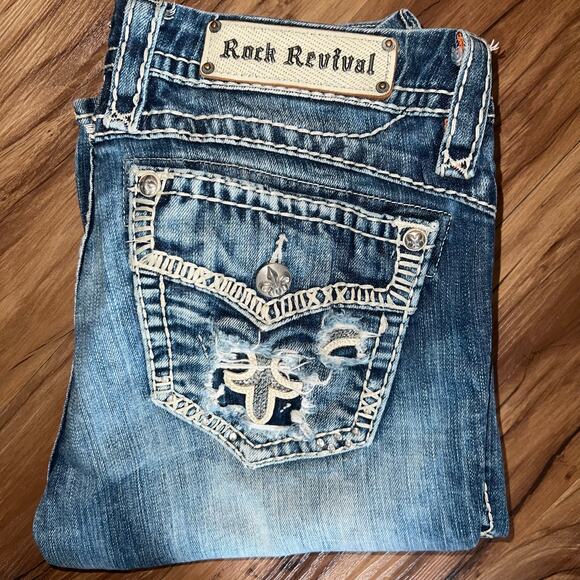 Mid Rise Rock Revival Jeans Gloria Boot Cut Size 30 Style E8446BL Sequin Studded - Picture 3 of 15